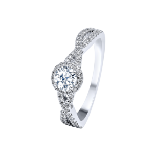 Damas Engagement 0.5 Carat Round Brilliant Diamond Engagement Ring With Double Overlapping Diamond Studded Band 
