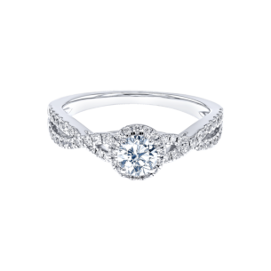 Damas Engagement 0.5 Carat Round Brilliant Diamond Engagement Ring With Double Overlapping Diamond Studded Band 