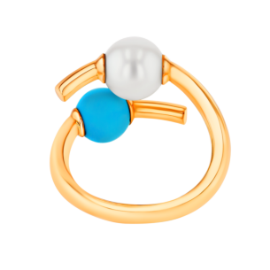 Kiku Glow Open Ring in 18K Yellow Gold With a Freshwater Pearl and a Turquoise Stone