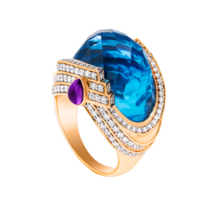 TURBAN BLUE TOPAZ & DIAMOND RING IN 18K ROSE GOLD
